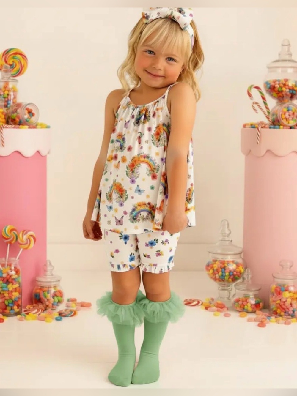 POSH PEANUT ✨Lucky Rainbow 2 piece spaghetti strap set bamboo 10/12 8/9 NWT top